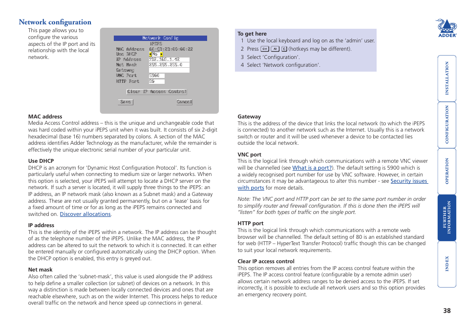 Network configuration, Local, Check the | Network settings, Check that the users network addr | Adder Technology AdderLink iPEPS User Manual | Page 39 / 69