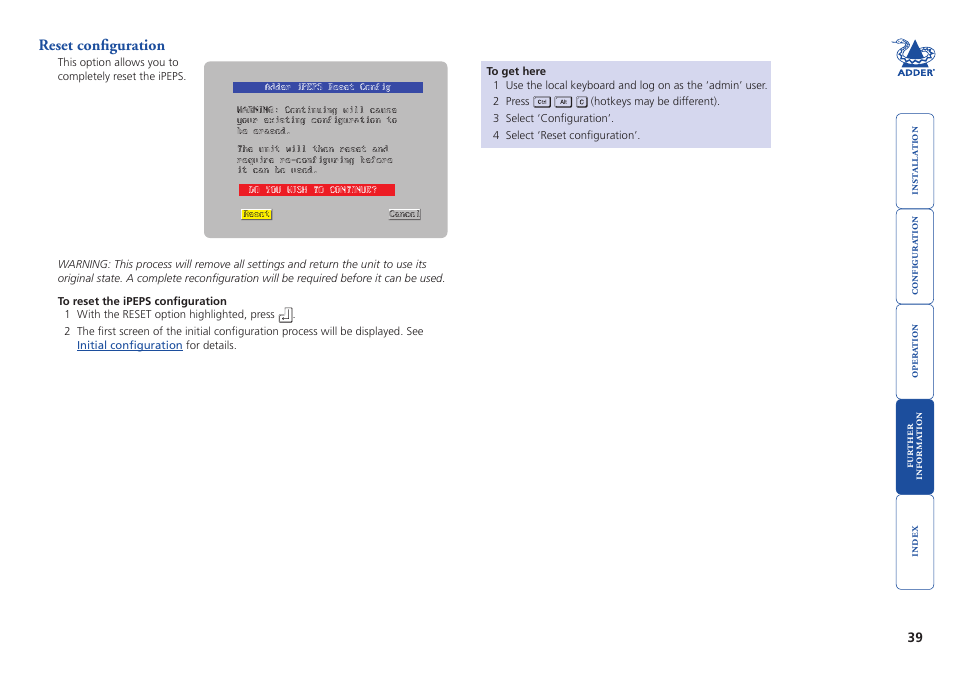 Reset configuration | Adder Technology AdderLink iPEPS User Manual | Page 40 / 69