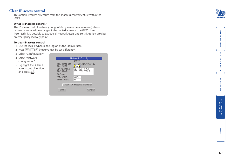 Clear ip access control | Adder Technology AdderLink iPEPS User Manual | Page 41 / 69