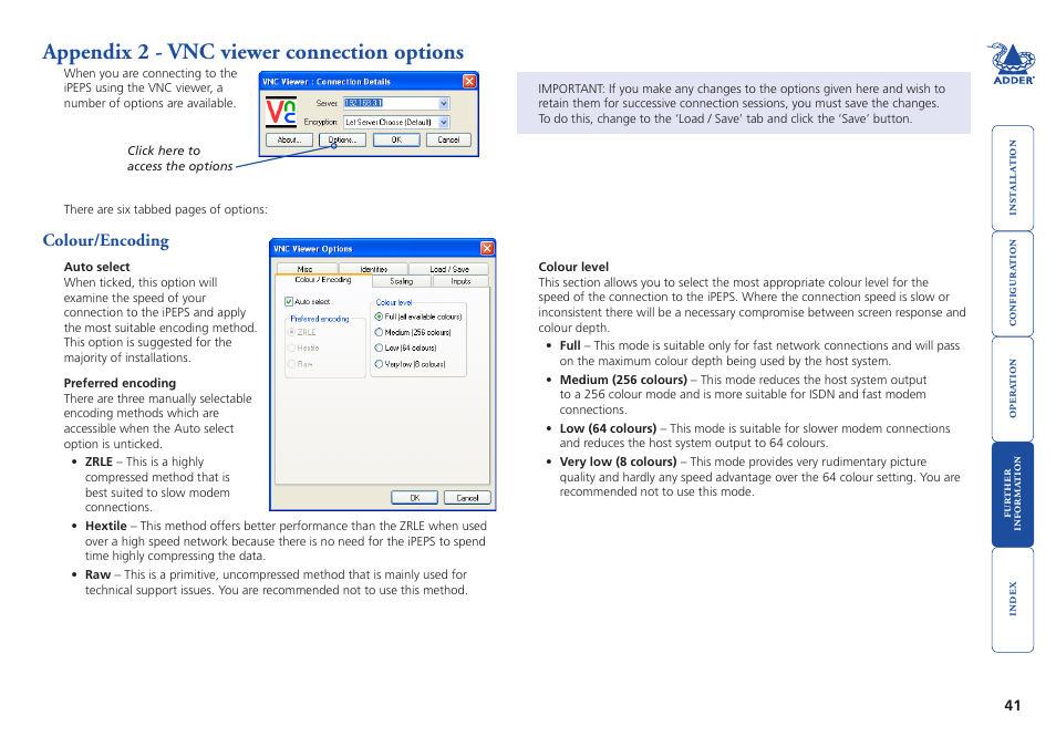 Appendix 2 - vnc viewer connection options, Colour/encoding, Ovides a range of viewer and connection settings | More, E options. click the, Options, Button of the vnc, Low (64 colours), Vnc viewer connection options | Adder Technology AdderLink iPEPS User Manual | Page 42 / 69