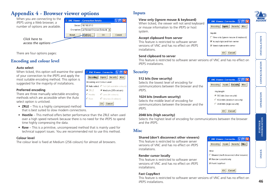 Appendix 4 - browser viewer options, Encoding and colour level, Inputs | Security, Misc, Encoding and colour level inputs security misc, Ovides a range of viewer and connection settings, More, Browser viewer options | Adder Technology AdderLink iPEPS User Manual | Page 47 / 69