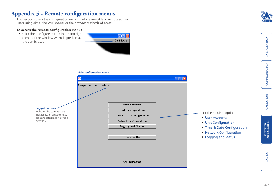 Appendix 5 - remote configuration menus, Appendix 5, Remote configuration menus | Configure | Adder Technology AdderLink iPEPS User Manual | Page 48 / 69