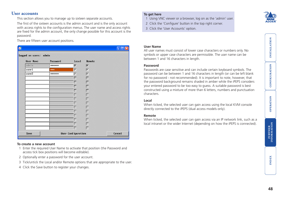 User accounts, Remote configuration | Adder Technology AdderLink iPEPS User Manual | Page 49 / 69