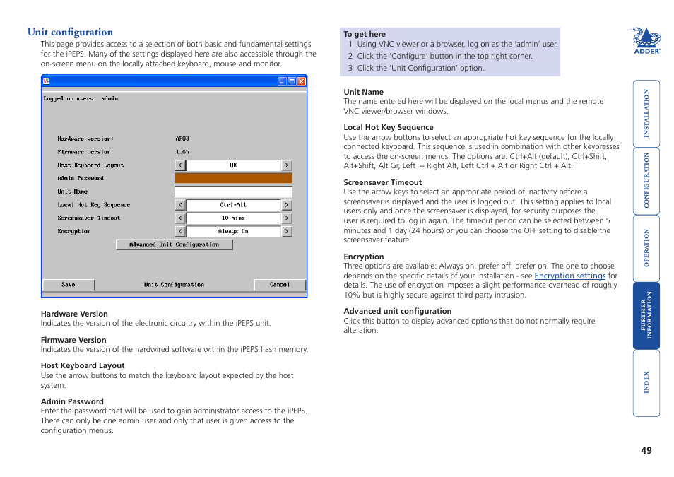 Unit configuration, Remote configuration | Adder Technology AdderLink iPEPS User Manual | Page 50 / 69