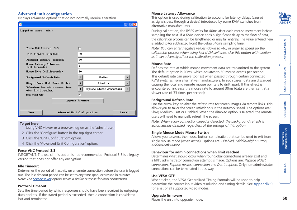 Advanced unit configuration, For details, Note: the | Idle, Timeout, Option ser | Adder Technology AdderLink iPEPS User Manual | Page 51 / 69