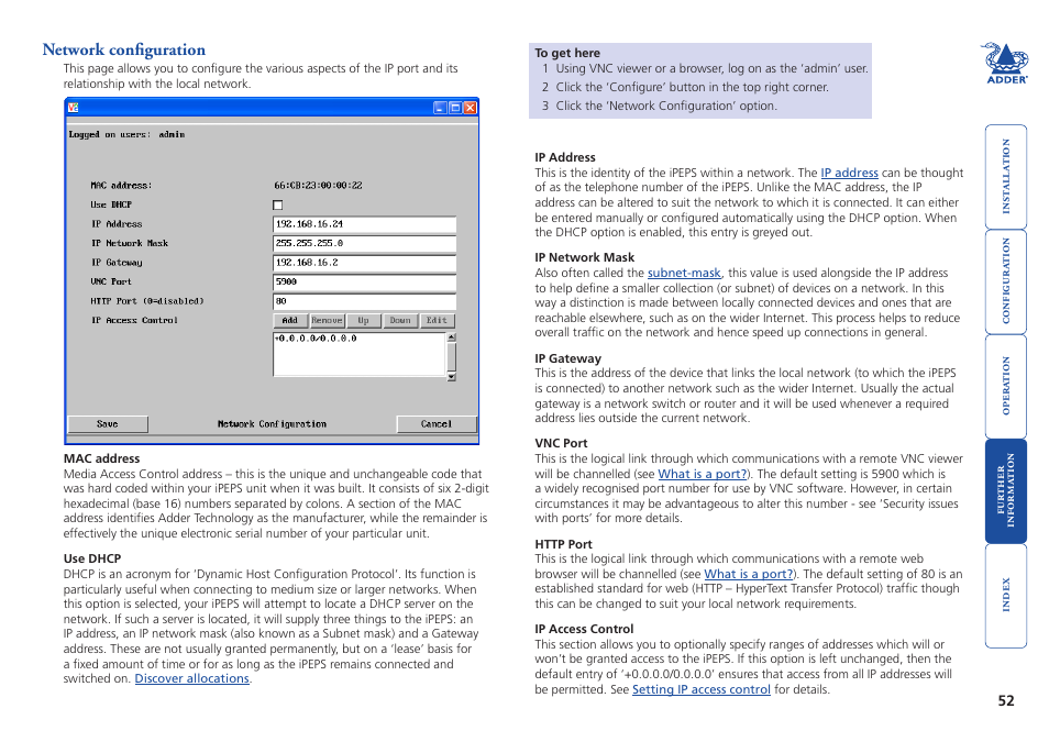 Network configuration, Remote, Network configuration scr | Adder Technology AdderLink iPEPS User Manual | Page 53 / 69