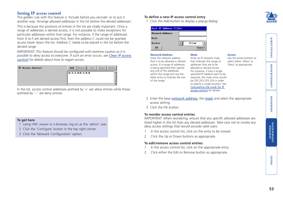 Setting ip access control, Restrict ip access, Ip access control section | Be permitted. see | Adder Technology AdderLink iPEPS User Manual | Page 54 / 69