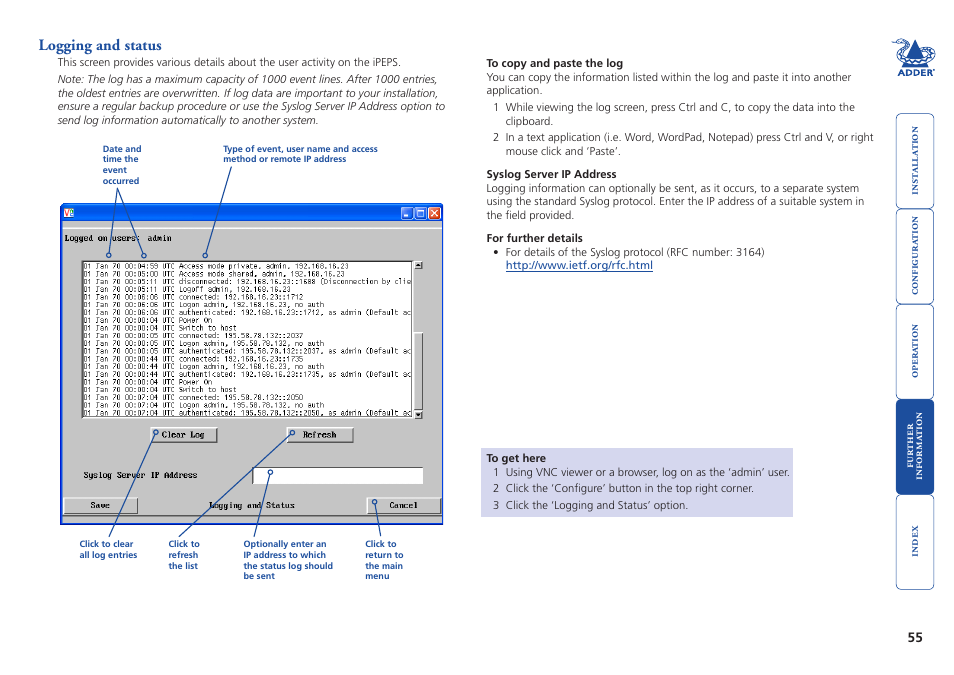 Logging and status | Adder Technology AdderLink iPEPS User Manual | Page 56 / 69