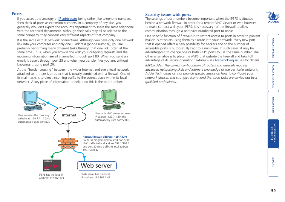 Ports, Security issues with ports, D, the ipeps uses two | What is a port, Security issues, With ports, For mor, Web server | Adder Technology AdderLink iPEPS User Manual | Page 60 / 69
