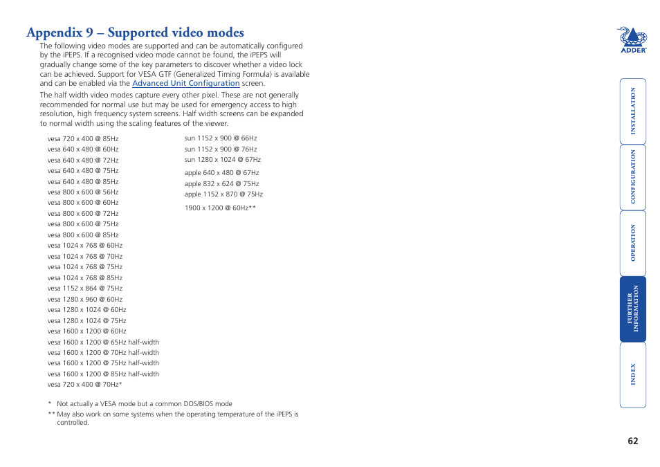 Appendix 9 – supported video modes, Supported video modes, Appendix 9 | Adder Technology AdderLink iPEPS User Manual | Page 63 / 69