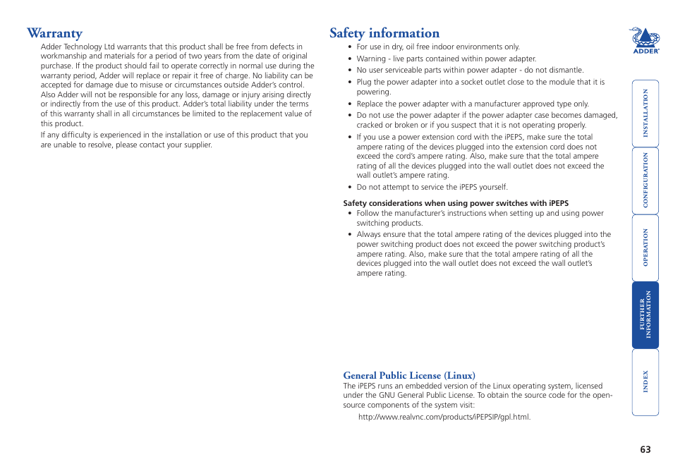 Warranty, Safety information, Warranty safety information | Adder Technology AdderLink iPEPS User Manual | Page 64 / 69