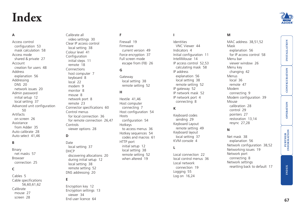 Index | Adder Technology AdderLink iPEPS User Manual | Page 68 / 69