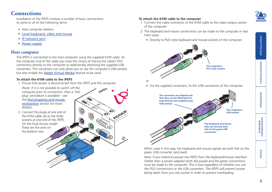 Connections, Host computer, Adder | Adder Technology AdderLink iPEPS User Manual | Page 8 / 69