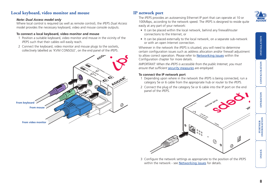 Local keyboard, video monitor and mouse, Ip network port, Local keyboard, video and mouse | Adder, Adde r | Adder Technology AdderLink iPEPS User Manual | Page 9 / 69