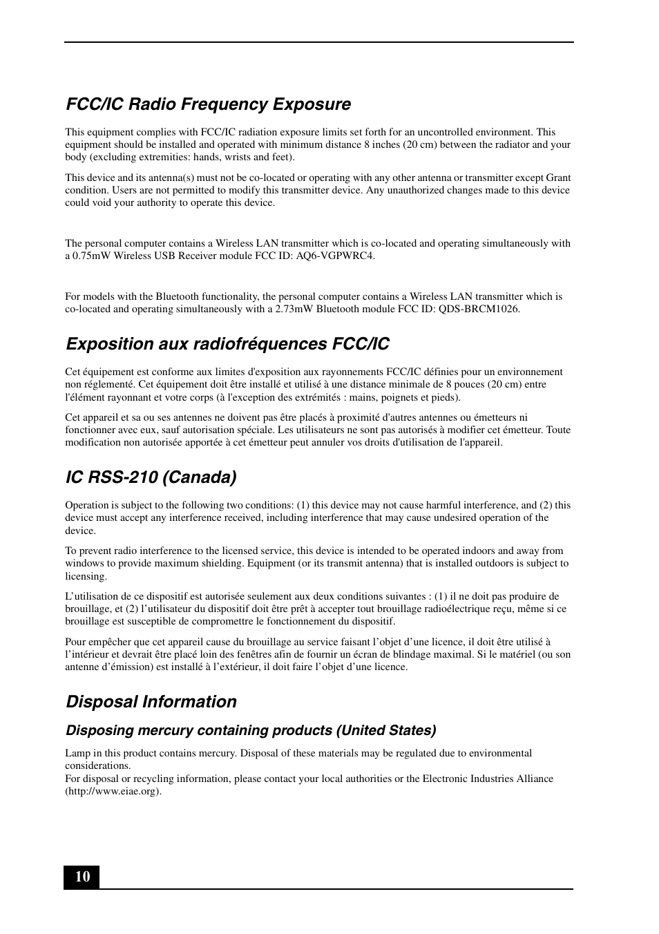 Fcc/ic radio frequency exposure, Exposition aux radiofréquences fcc/ic, Ic rss-210 (canada) | Disposal information | Sony VGC-RT100Y User Manual | Page 10 / 12