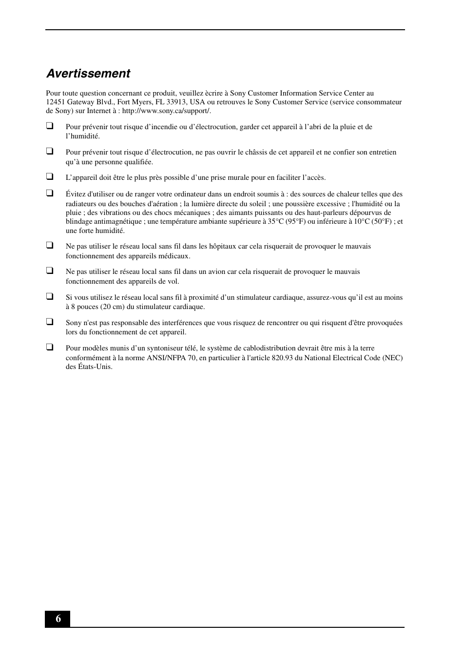 Avertissement | Sony VGC-RT100Y User Manual | Page 6 / 12