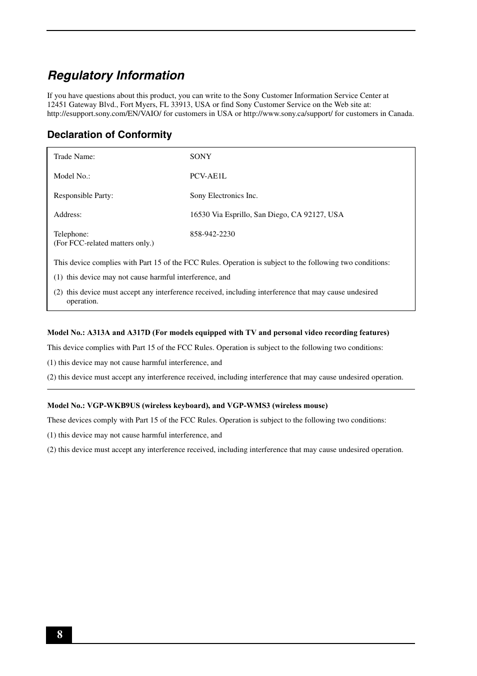 Regulatory information, Declaration of conformity | Sony VGC-RT100Y User Manual | Page 8 / 12