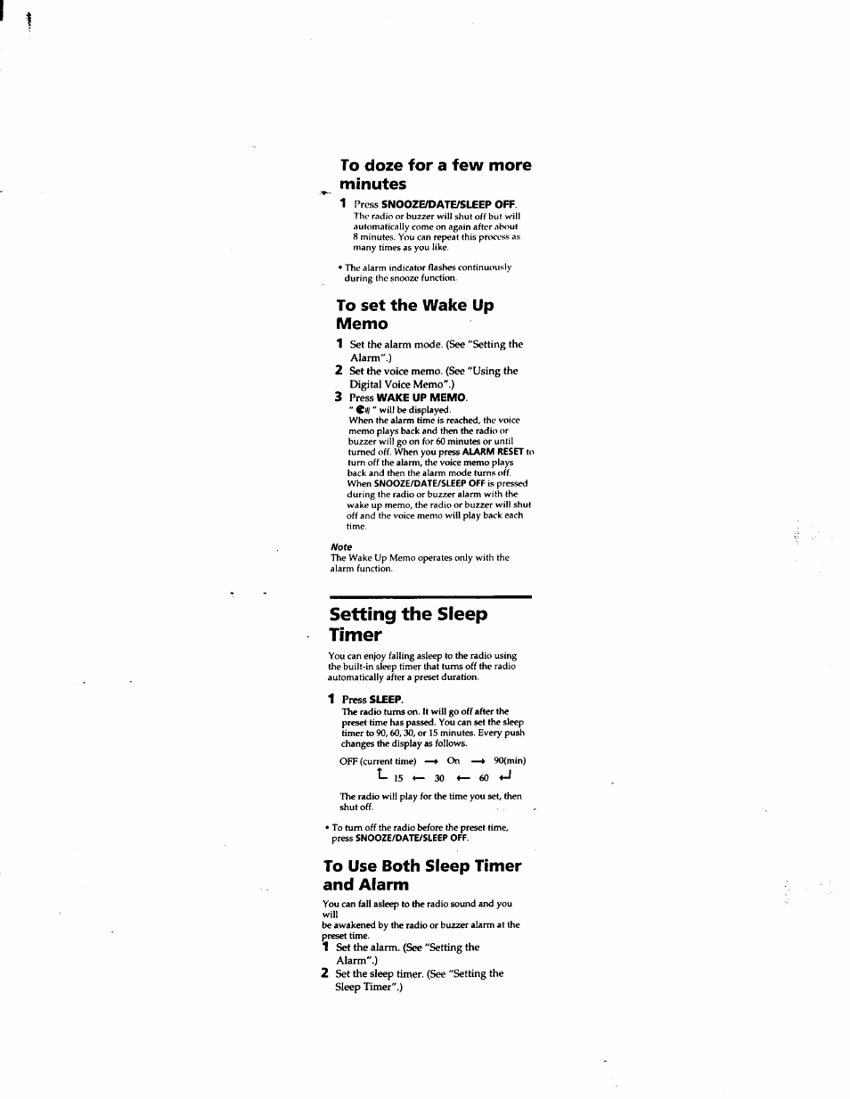 To doze for a few more minutes, To set the wake up memo, To use both sleep timer and alarm | Setting the sleep timer | Sony ICF-C723 User Manual | Page 10 / 11