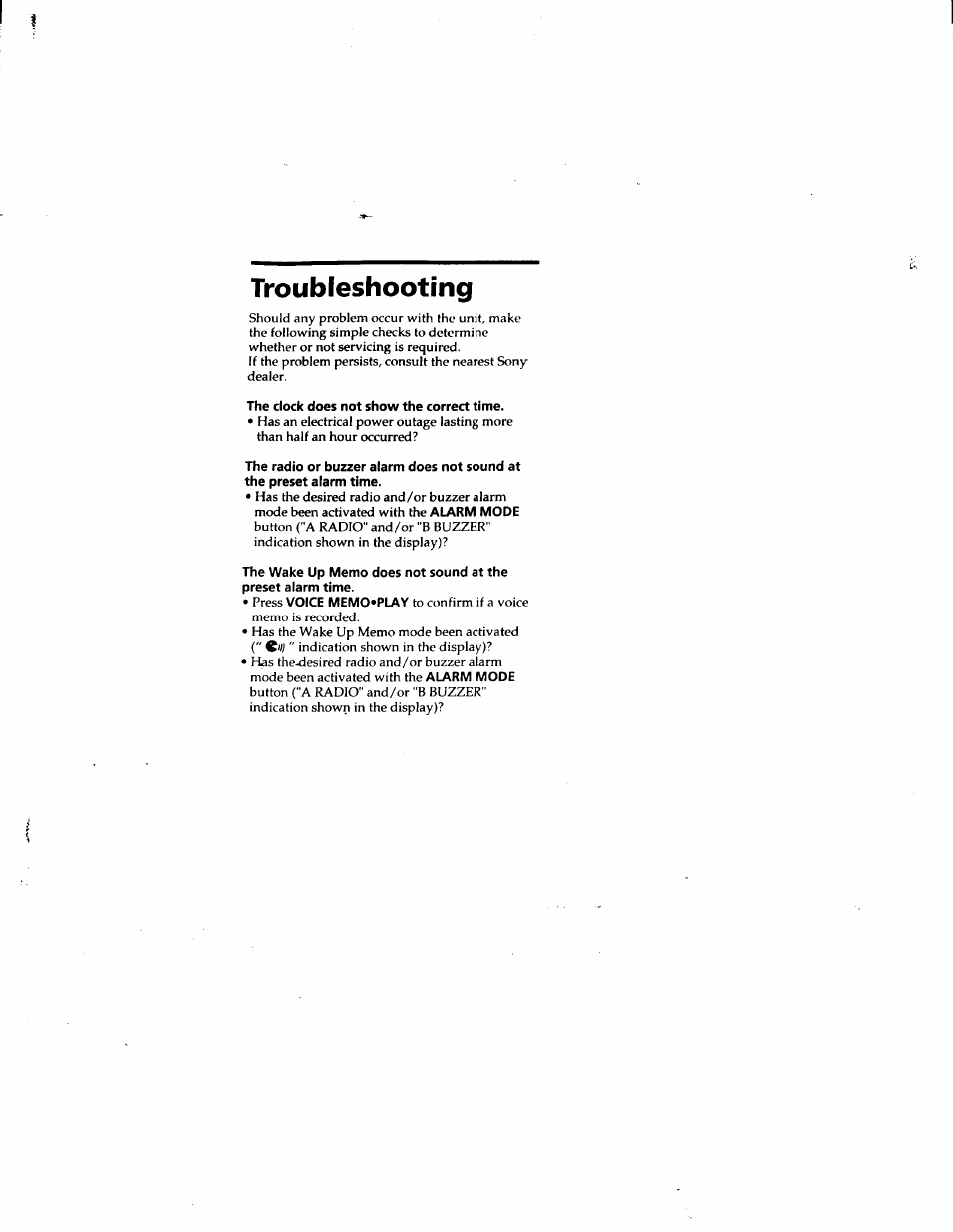 The clock does not show the correct time, Troubleshooting | Sony ICF-C723 User Manual | Page 11 / 11