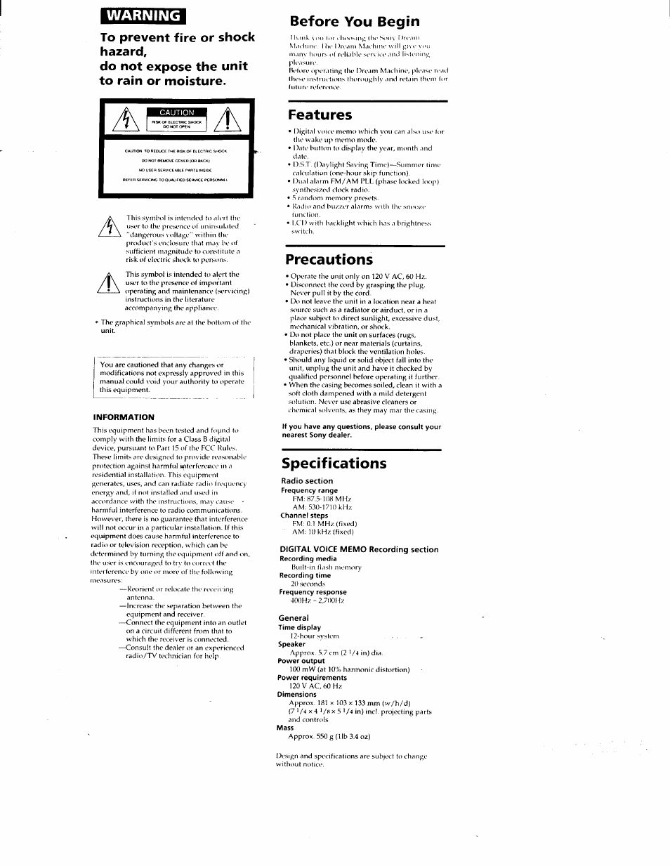 Warning, Before you begin, Features | Precautions, Specifications | Sony ICF-C723 User Manual | Page 2 / 11