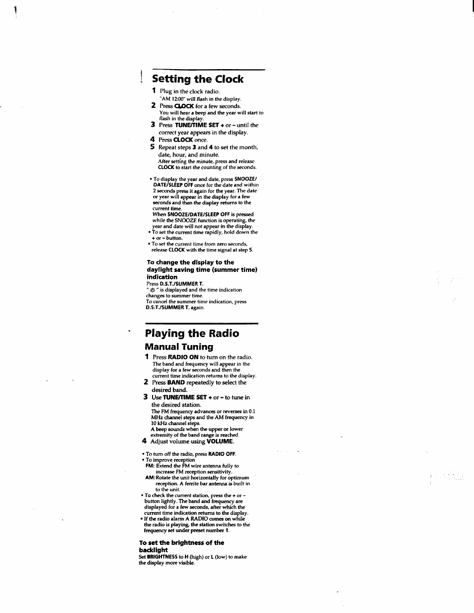 Manual tuning, Setting the clock, Playing the radio | Sony ICF-C723 User Manual | Page 7 / 11