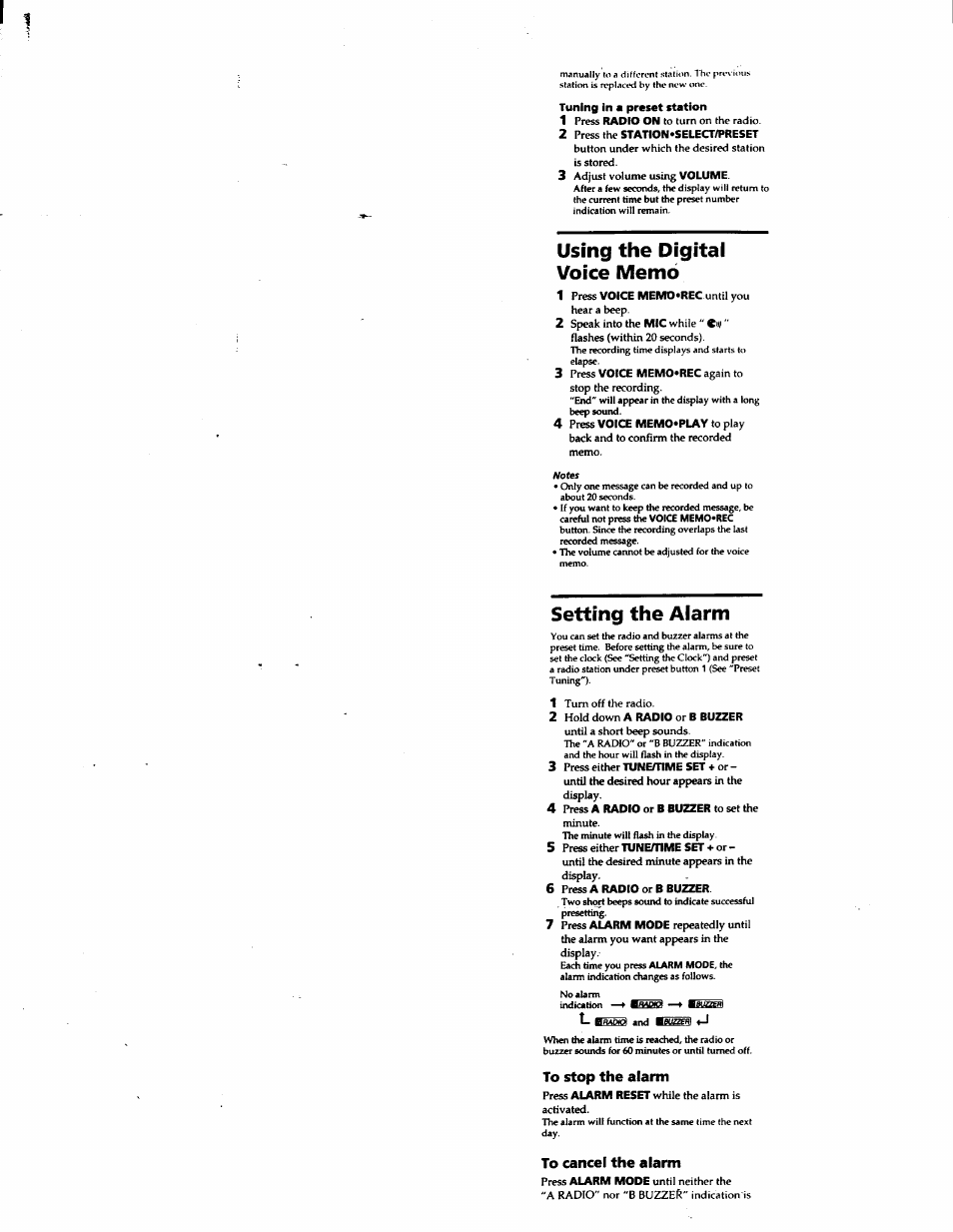 To stop the alarm, To cancel the alarm, Setting the alarm | Sony ICF-C723 User Manual | Page 9 / 11