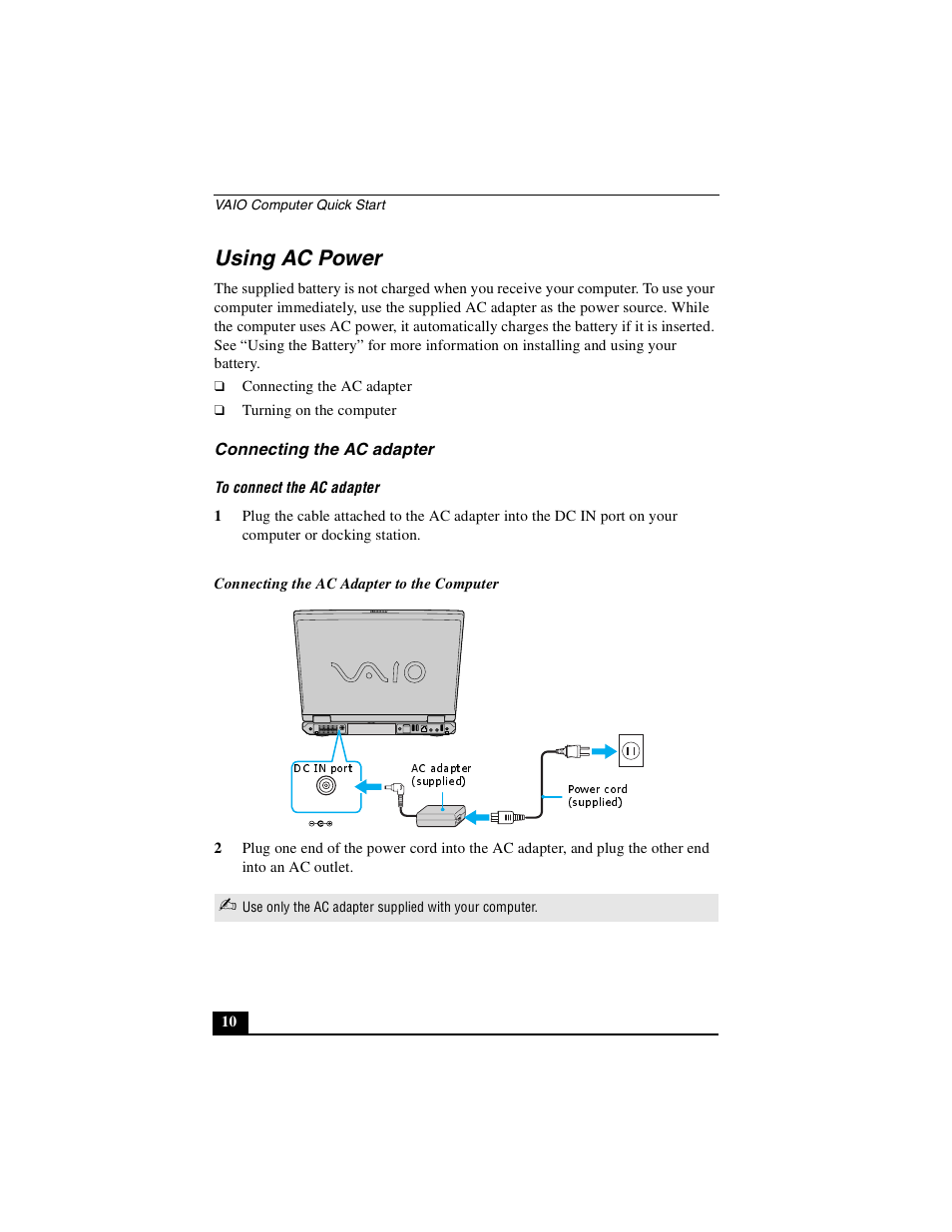 Using ac power, Connecting the ac adapter | Sony PCG-GRS100 User Manual | Page 10 / 208