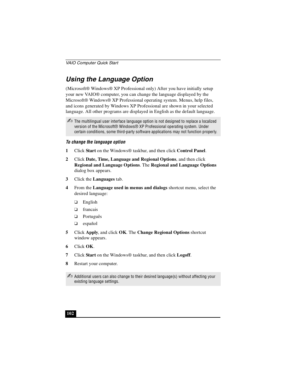 Using the language option | Sony PCG-GRS100 User Manual | Page 102 / 208