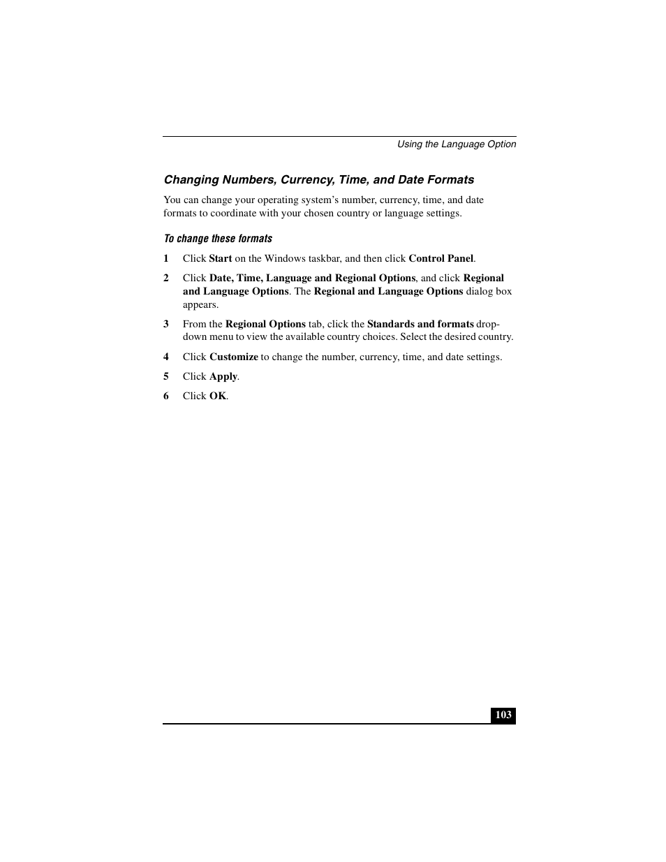 Changing numbers, currency, time, and date formats | Sony PCG-GRS100 User Manual | Page 103 / 208