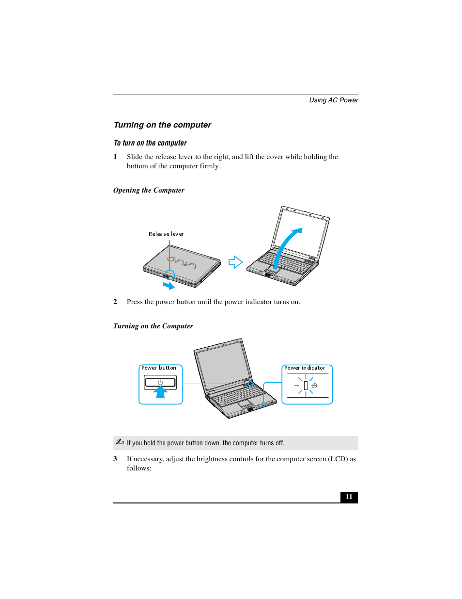 Turning on the computer | Sony PCG-GRS100 User Manual | Page 11 / 208