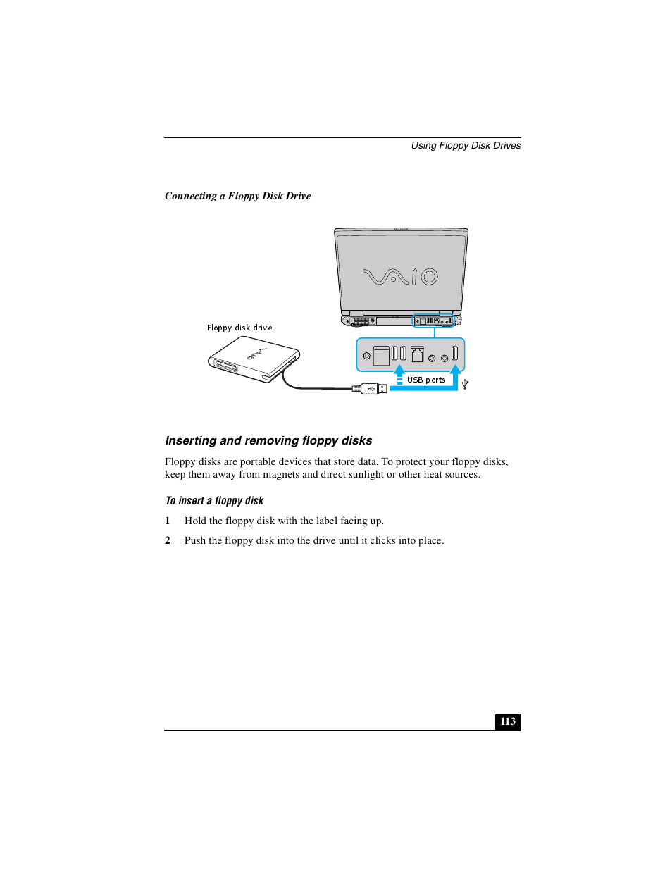 Inserting and removing floppy disks | Sony PCG-GRS100 User Manual | Page 113 / 208