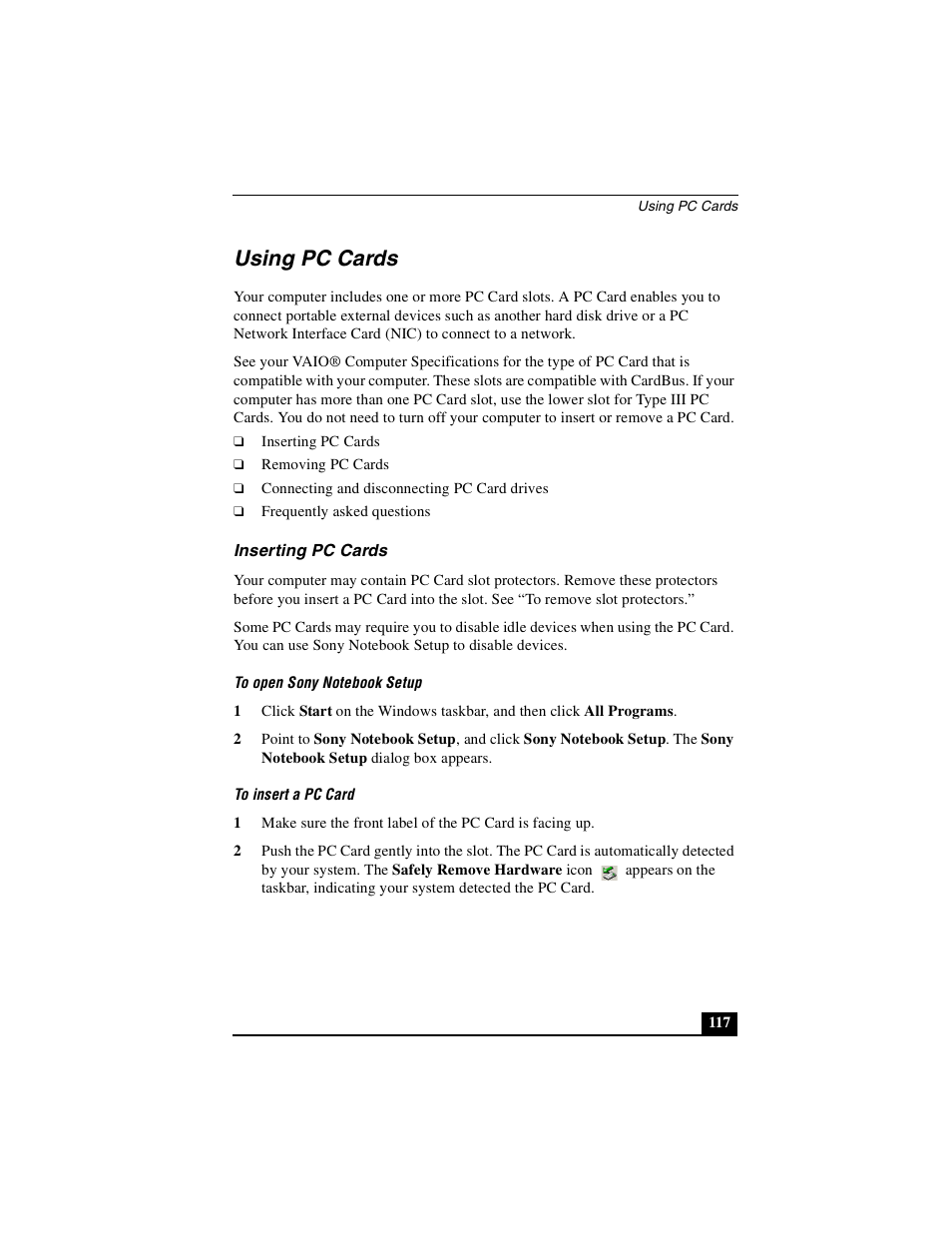 Using pc cards, Inserting pc cards | Sony PCG-GRS100 User Manual | Page 117 / 208