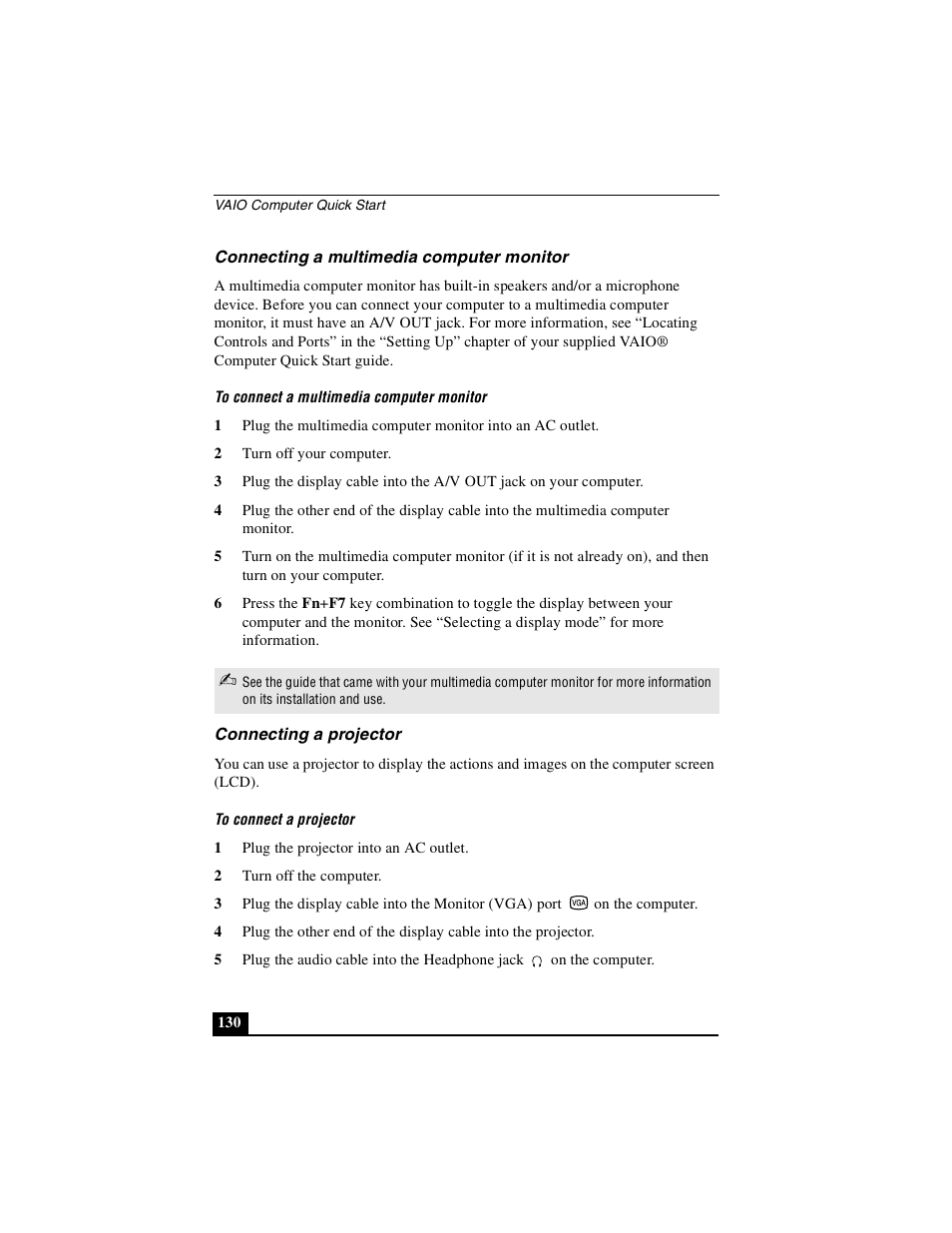 Connecting a multimedia computer monitor, Connecting a projector | Sony PCG-GRS100 User Manual | Page 130 / 208