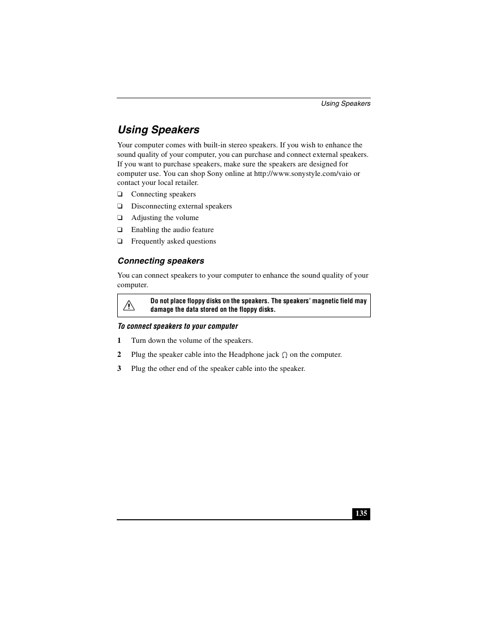 Using speakers, Connecting speakers | Sony PCG-GRS100 User Manual | Page 135 / 208