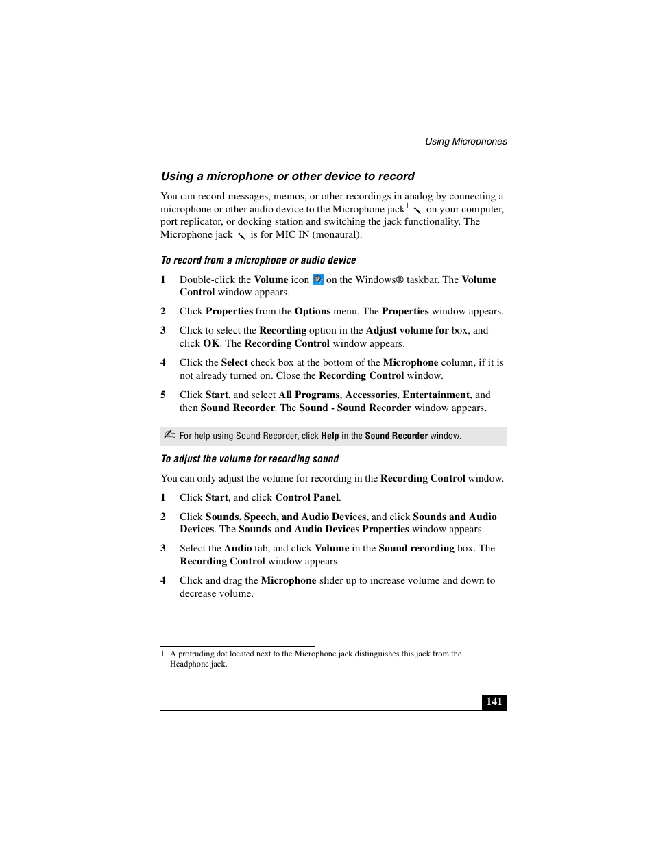 Using a microphone or other device to record | Sony PCG-GRS100 User Manual | Page 141 / 208