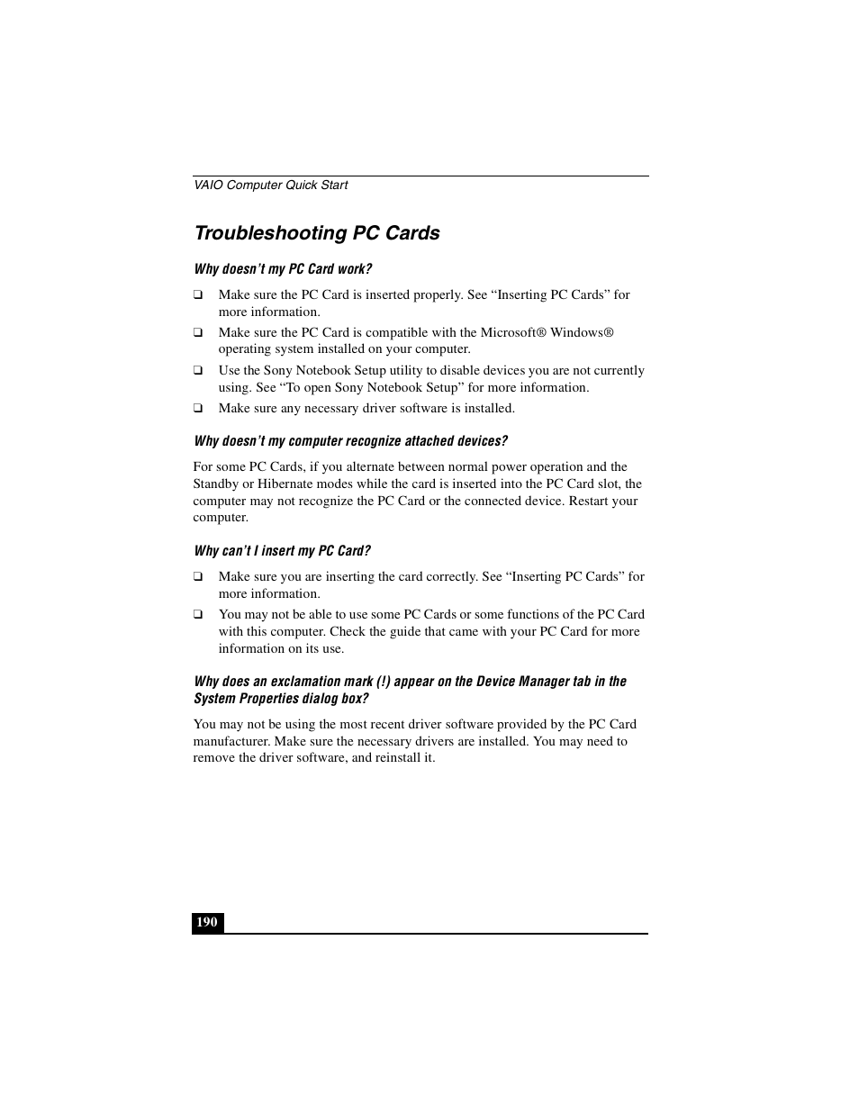 Troubleshooting pc cards | Sony PCG-GRS100 User Manual | Page 190 / 208