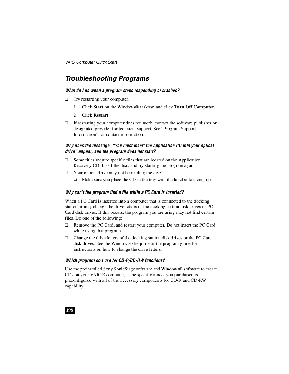 Troubleshooting programs | Sony PCG-GRS100 User Manual | Page 198 / 208