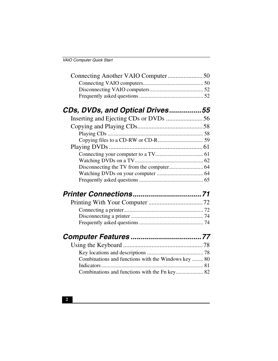 Cds, dvds, and optical drives, Printer connections, Computer features | Sony PCG-GRS100 User Manual | Page 2 / 208