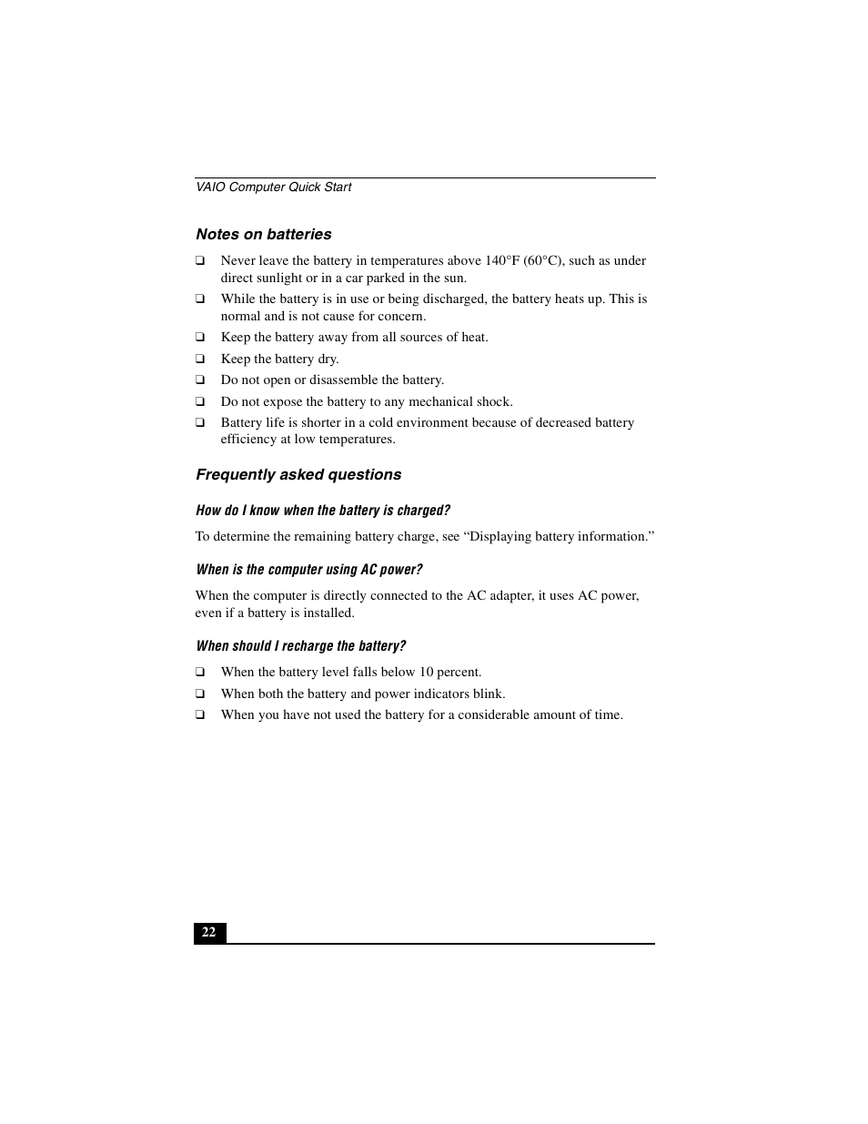 Notes on batteries, Frequently asked questions, Notes on batteries frequently asked questions | Sony PCG-GRS100 User Manual | Page 22 / 208