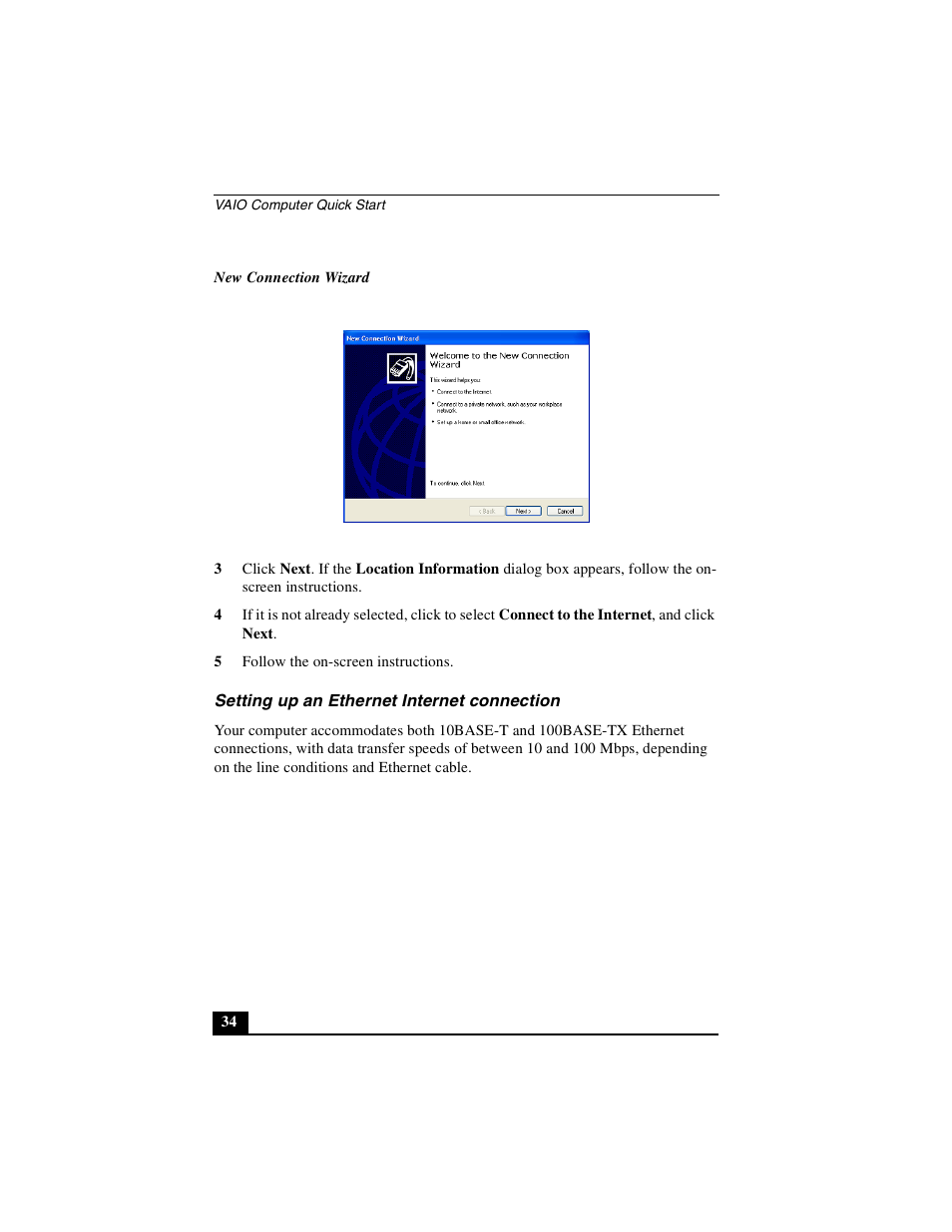 Setting up an ethernet internet connection | Sony PCG-GRS100 User Manual | Page 34 / 208