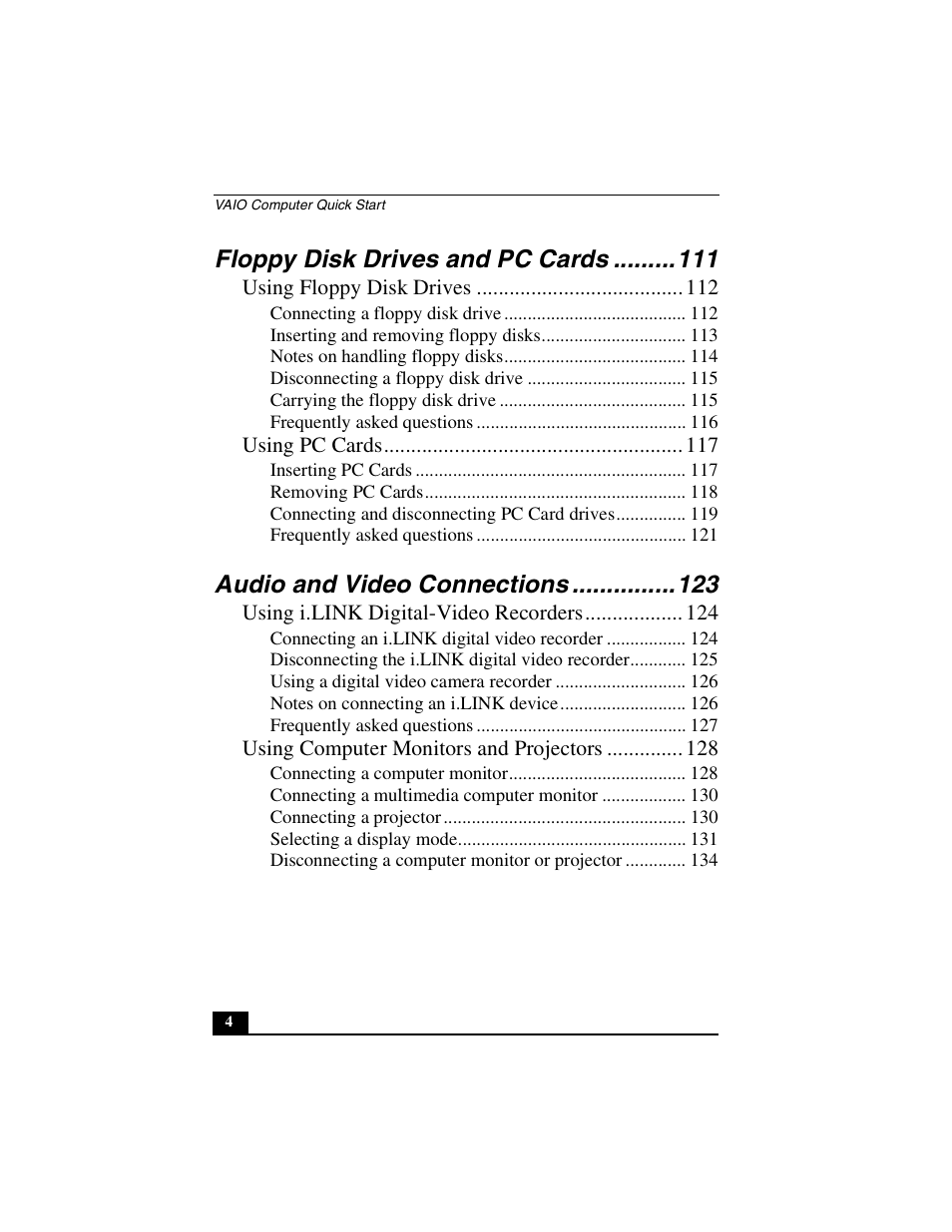 Floppy disk drives and pc cards, Audio and video connections | Sony PCG-GRS100 User Manual | Page 4 / 208