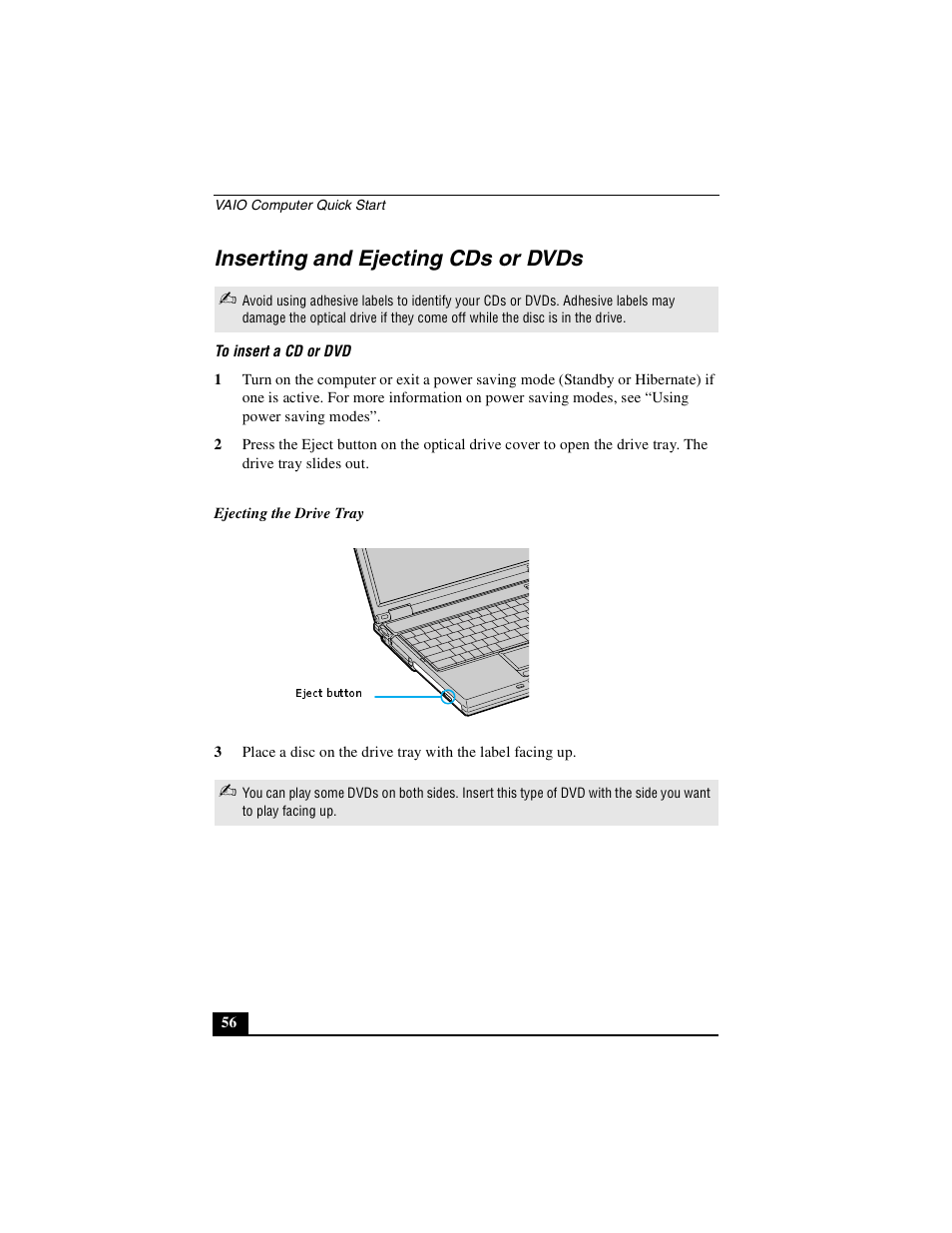 Inserting and ejecting cds or dvds | Sony PCG-GRS100 User Manual | Page 56 / 208