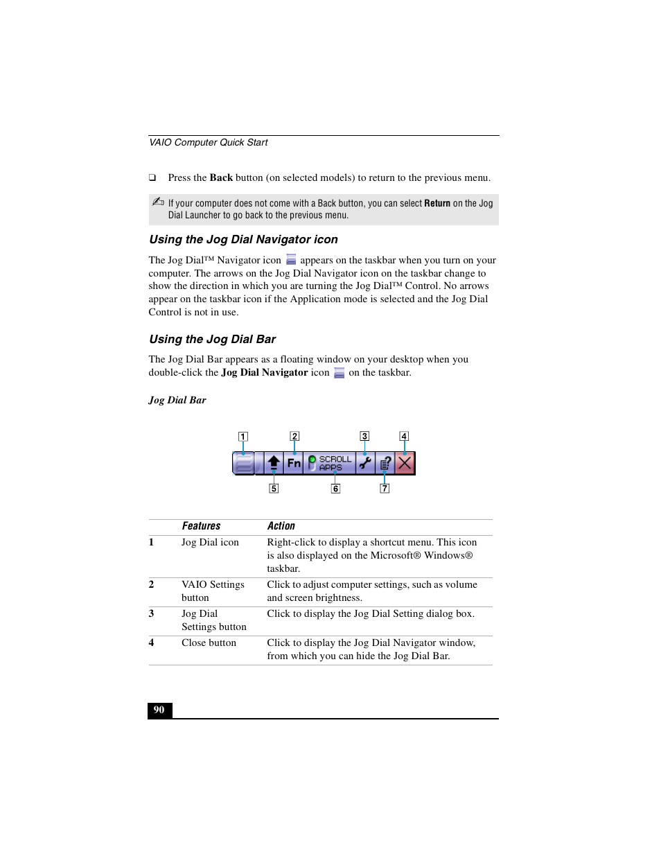 Using the jog dial navigator icon, Using the jog dial bar | Sony PCG-GRS100 User Manual | Page 90 / 208