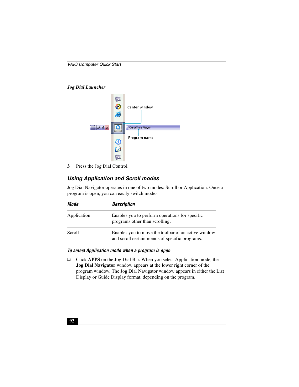 Using application and scroll modes, Ing application and scroll modes | Sony PCG-GRS100 User Manual | Page 92 / 208