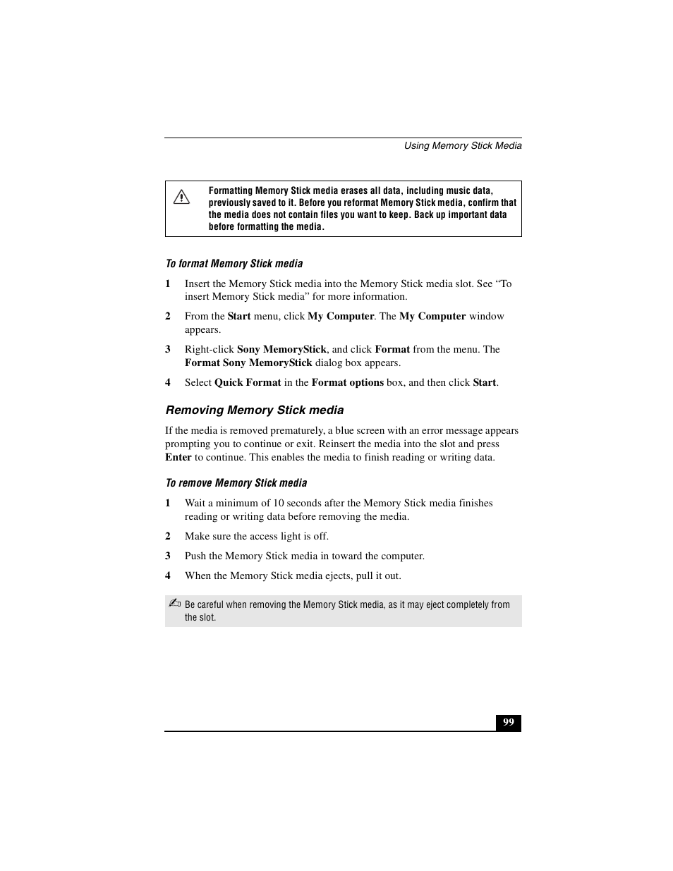 Removing memory stick media | Sony PCG-GRS100 User Manual | Page 99 / 208