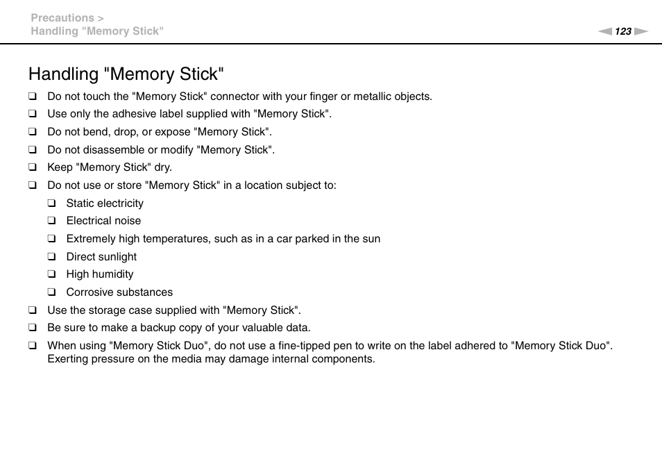 Handling "memory stick | Sony VPCF237FX User Manual | Page 123 / 176