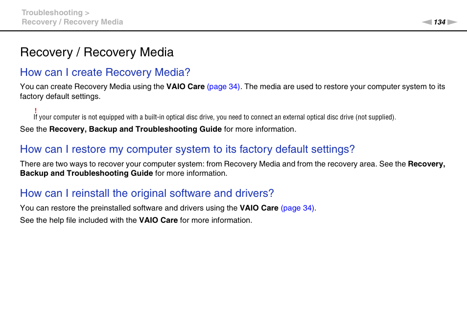 Recovery / recovery media, How can i create recovery media | Sony VPCF237FX User Manual | Page 134 / 176