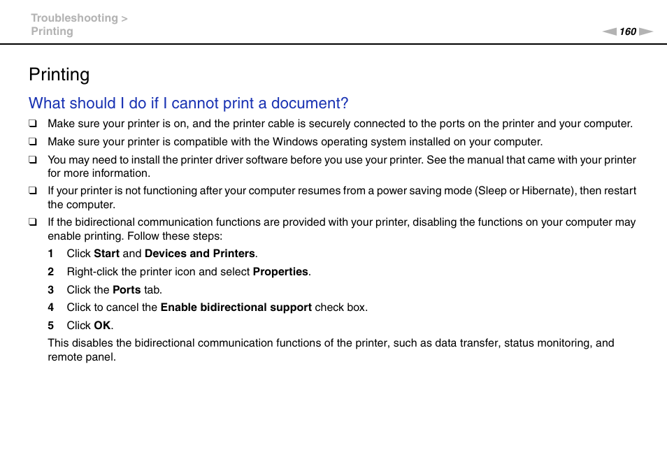 Printing, Inting, What should i do if i cannot print a document | Sony VPCF237FX User Manual | Page 160 / 176