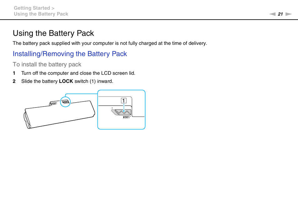 Using the battery pack, Installing/removing the battery pack | Sony VPCF237FX User Manual | Page 21 / 176