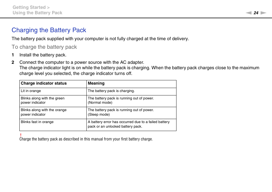Charging the battery pack | Sony VPCF237FX User Manual | Page 24 / 176
